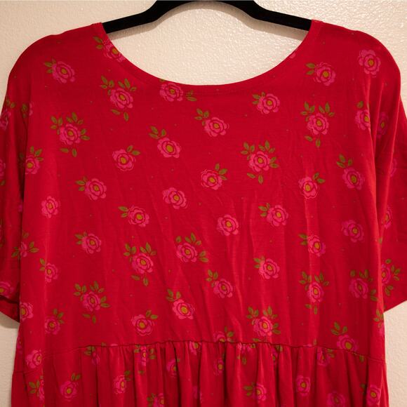 Gudren Sjoden Red Floral Print Babydoll Tunic Top Pocket Lagenlook SZ M - Picture 2 of 5